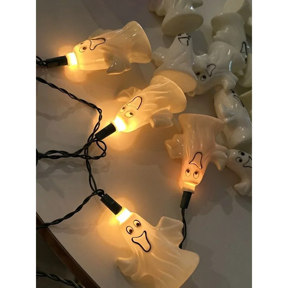 Vintage Halloween Blow Mold Hard Plastic 15 String Lights Ghost Works Two Side